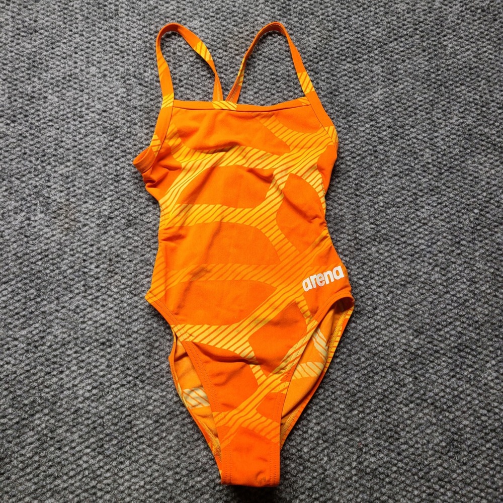 Arena Girls One Piece Swimsuit Orange Yellow Graphic Print Racerback Athletic